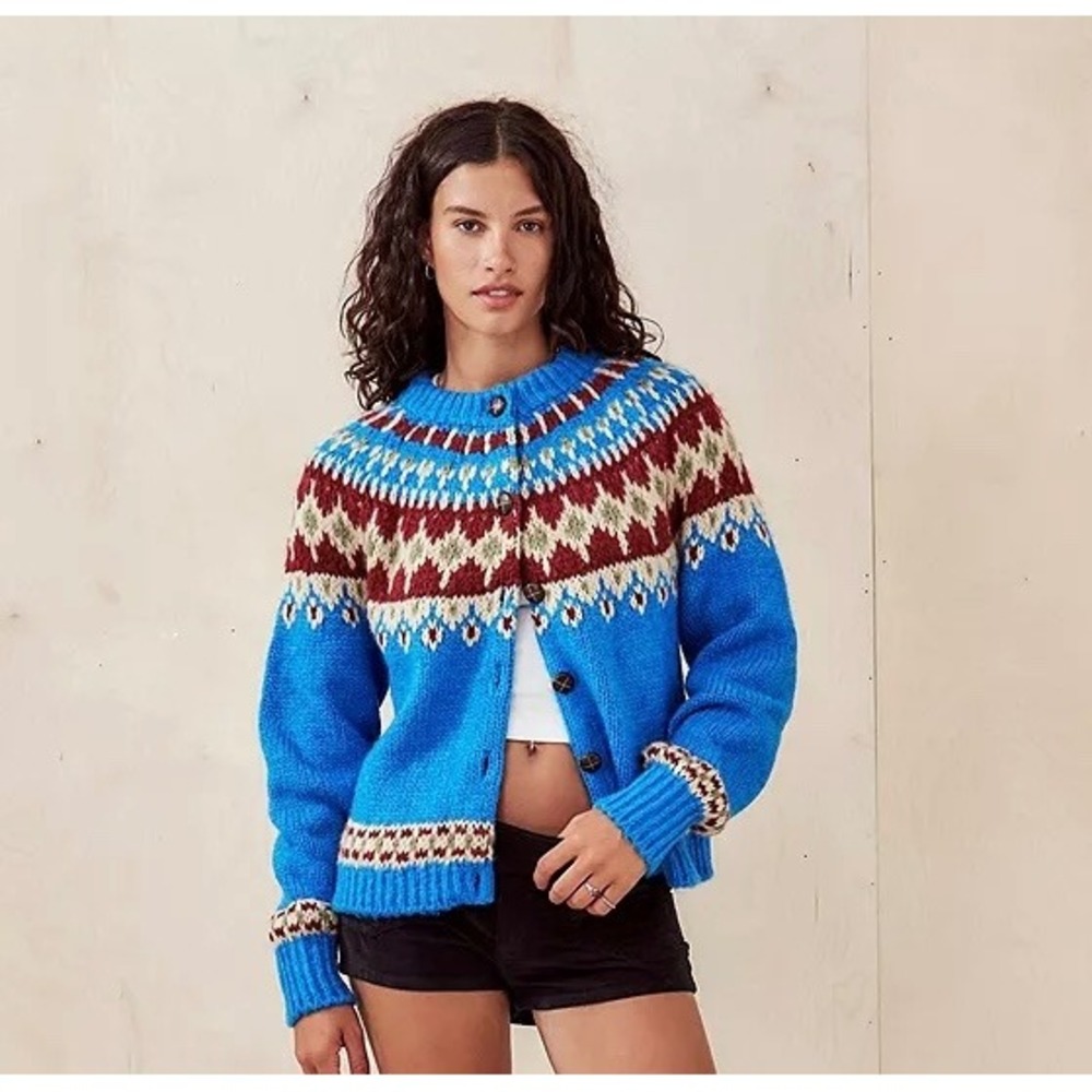 BDG Urban Outfitters Fair Isle Knit Cardigan Sweater Blue Pattern Button Up XS